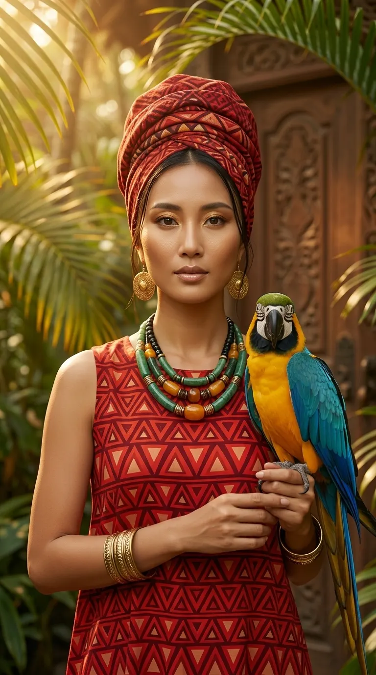 Tropical Parrot Goddess concept cover: exotic feathered fantasy