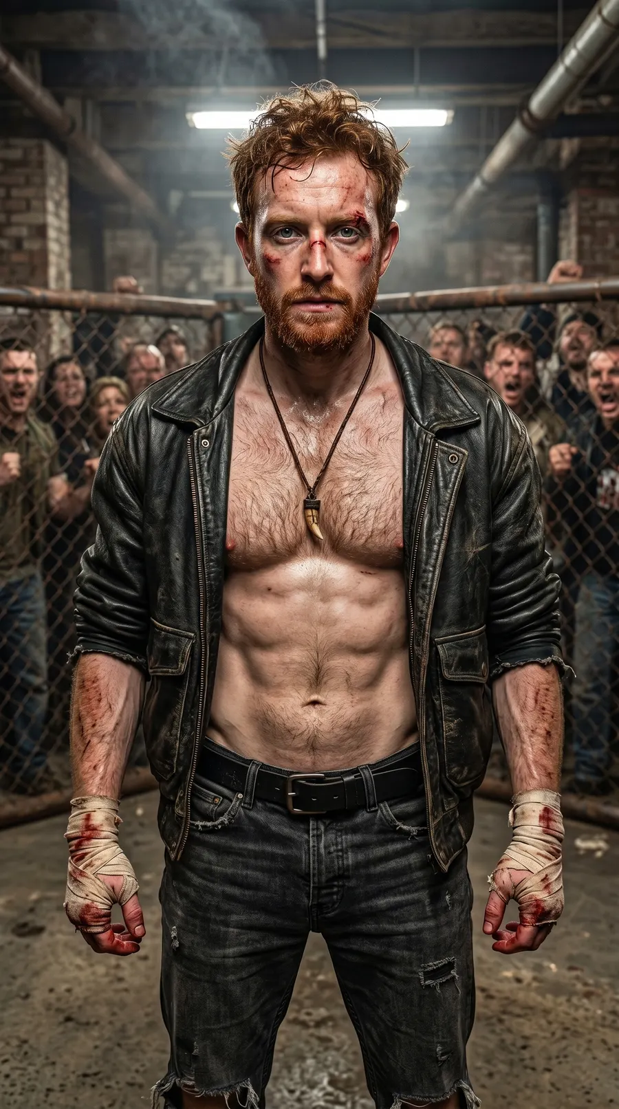Underground Fighter concept cover: caged bloodied intensity