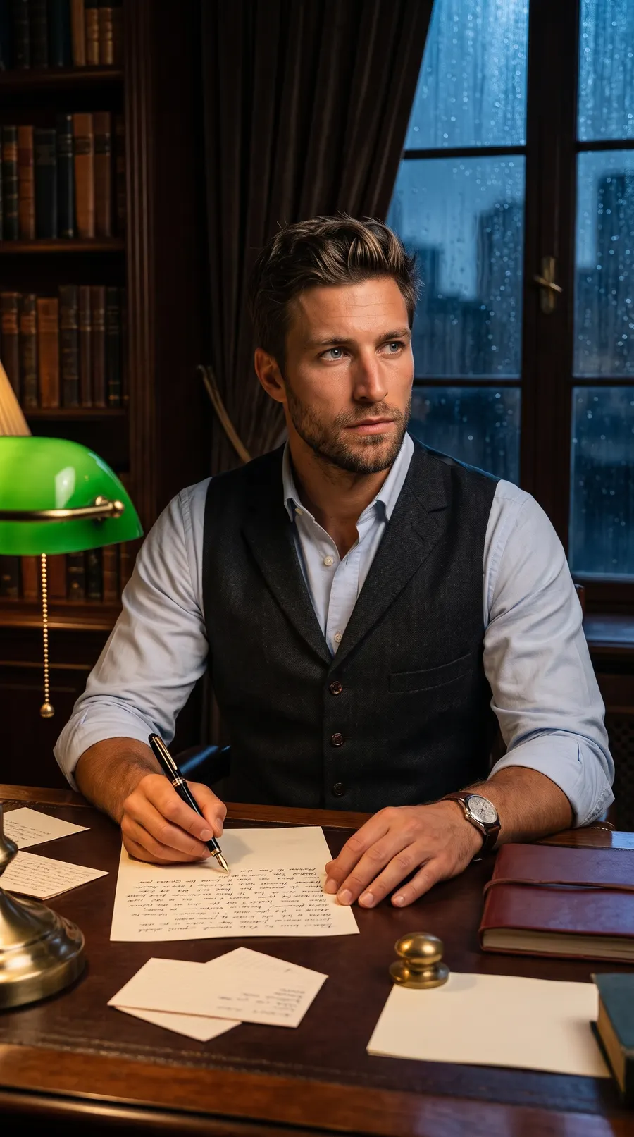 The Writing Desk concept cover: ink-stained late hours