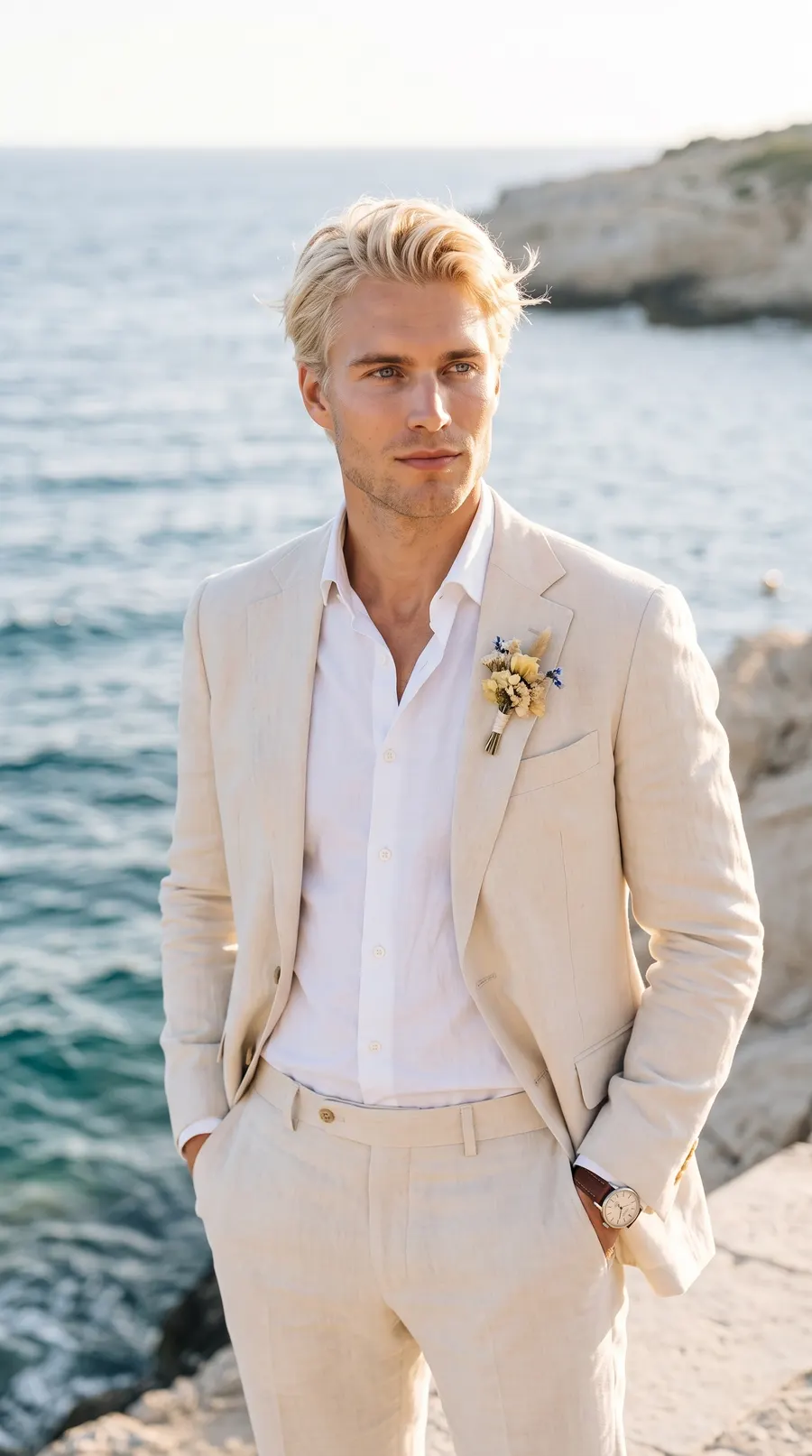Summer Linen Groom concept cover: seaside linen sunlit ease
