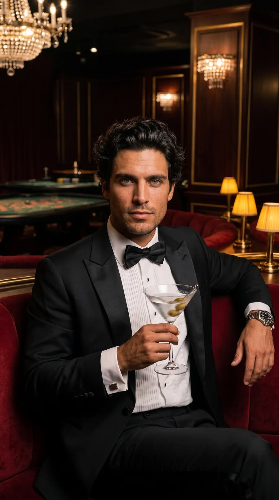 Club Martini Him concept cover: velvet booth martini poise