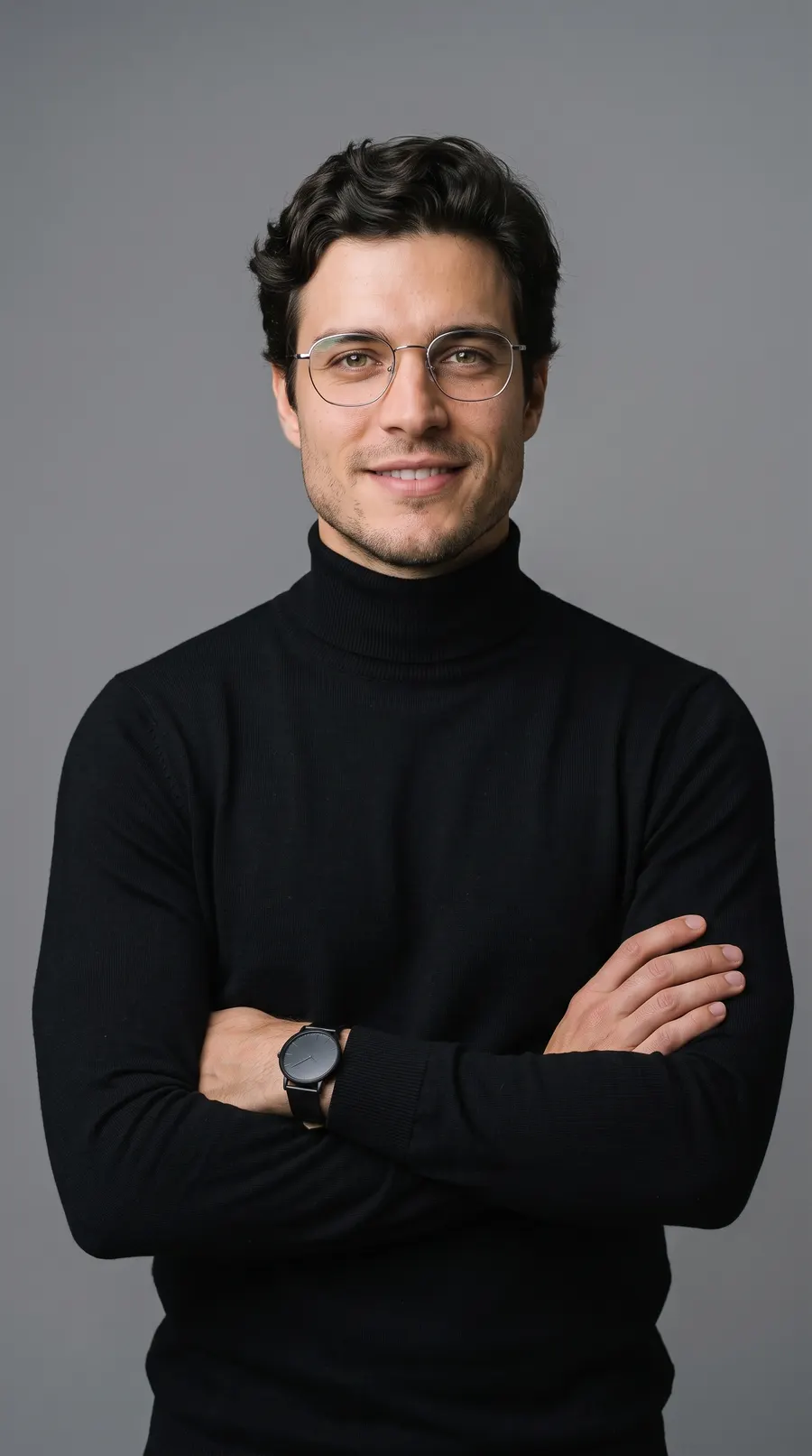 Black Turtleneck concept cover: charcoal minimalist studio poise