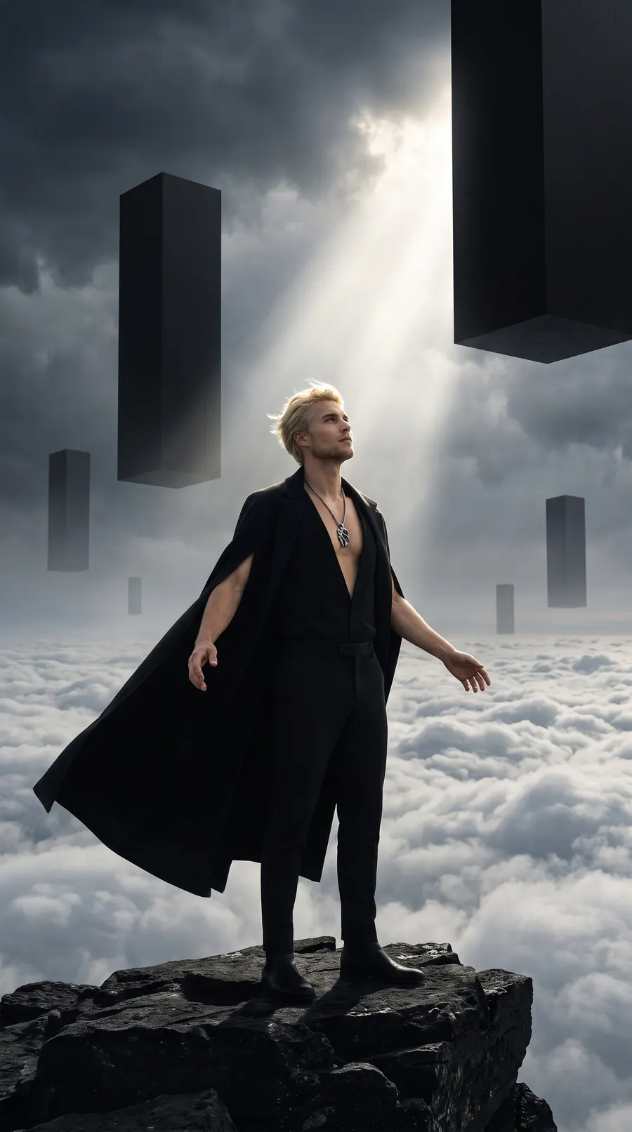 Floating Monolith concept cover: weightless stone above clouds