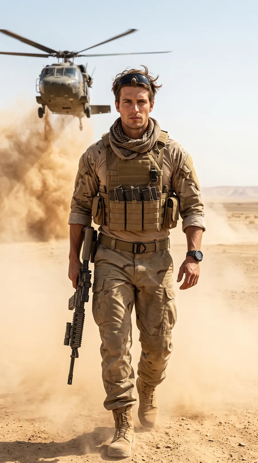 Desert Ops concept cover: dust-caked desert command